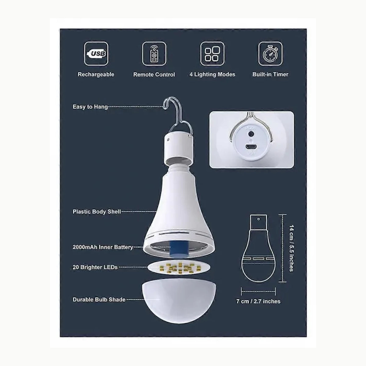 Kimjo Bombilla Recargable USB con Mando - Bombilla Inalámbrica sin