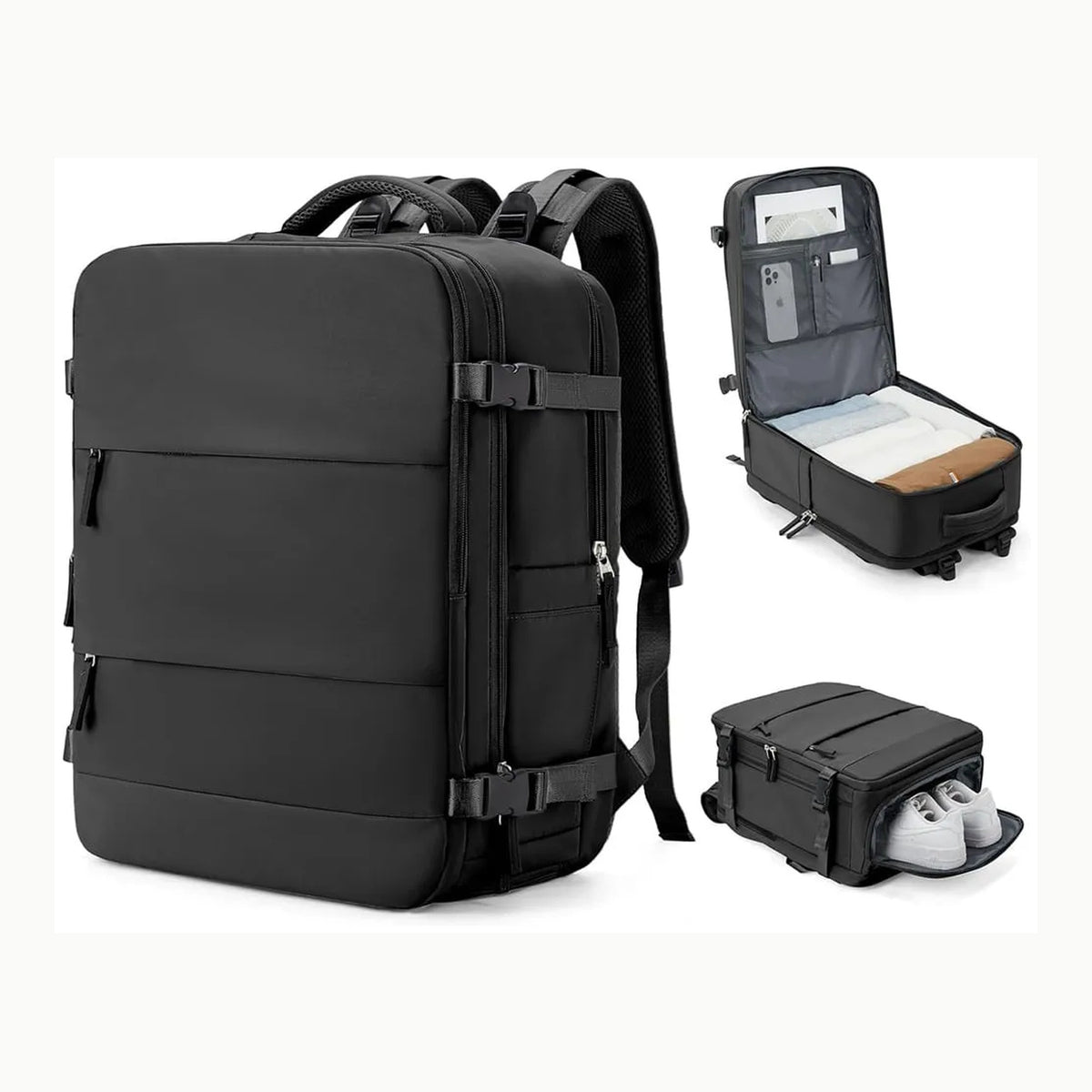 Mochila de viaje multifuncional negra sin marca específica