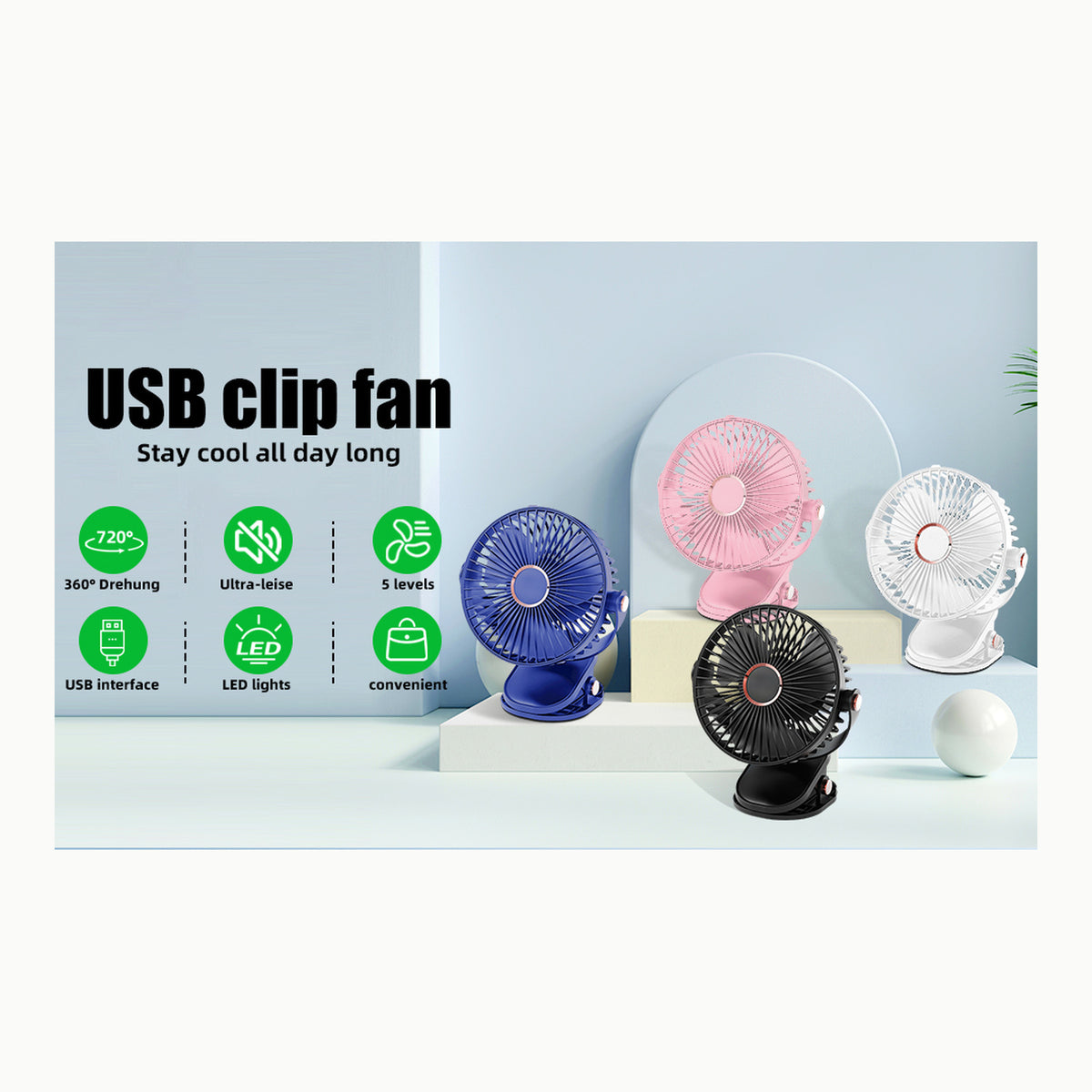 GMGXX Ventilador USB Pequeño con Pinza & 3 Velocidades, 4800mAh