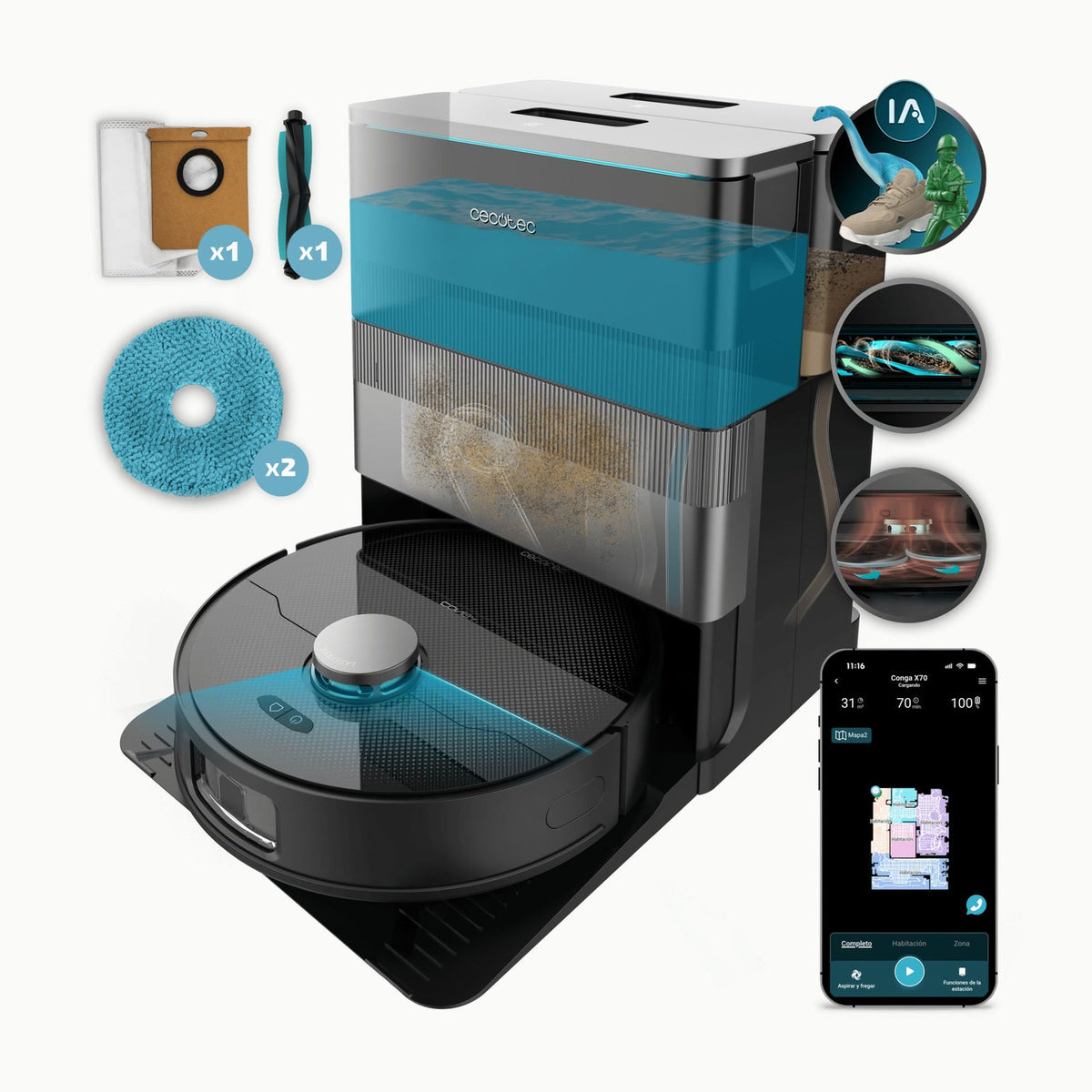 X70 Cecotec Robot Aspirador y Friegasuelos con IA y Base Autovaciado