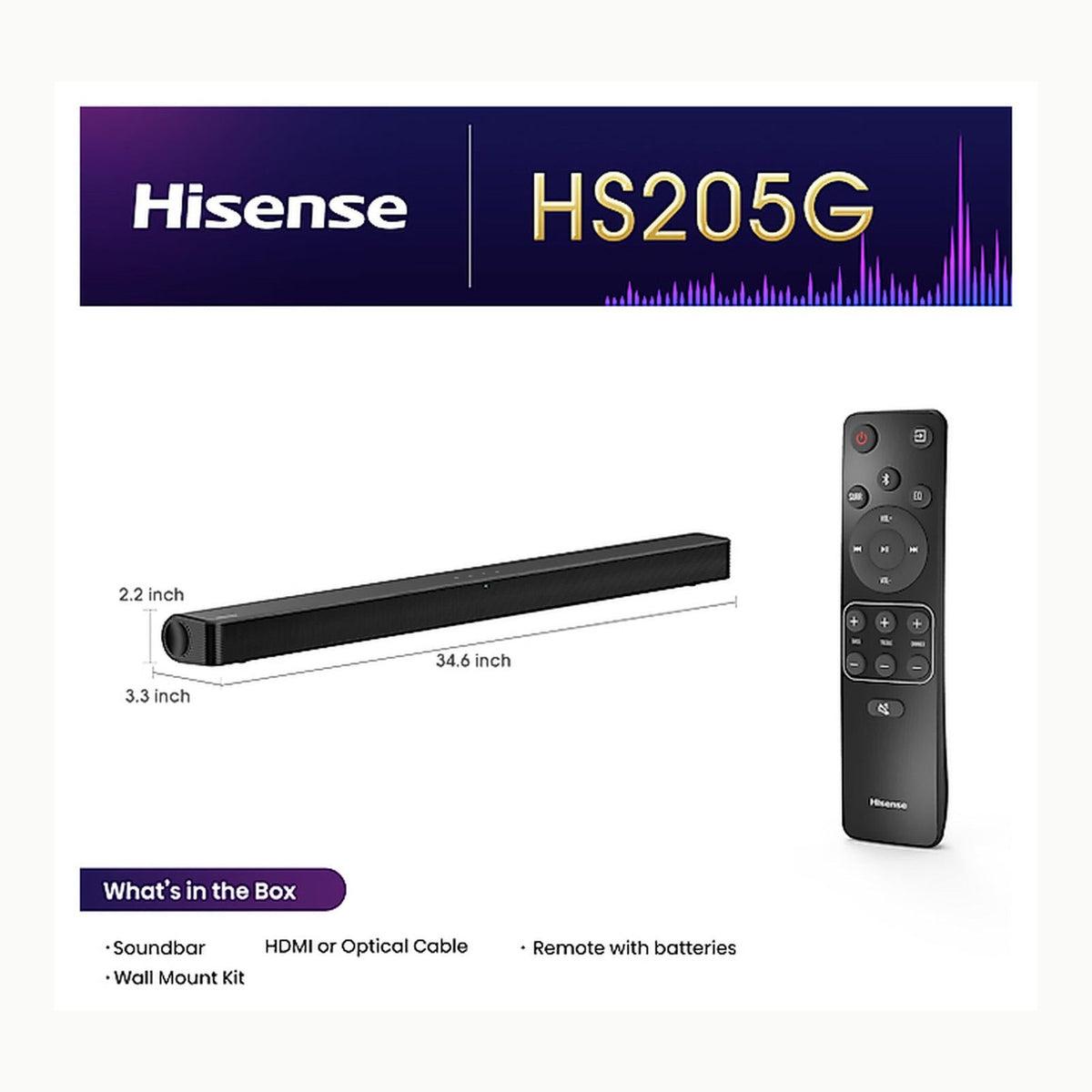 Hisense HS205G - Barra de Sonido 2.0, 120W, Dolby Audio, DTS Virtual
