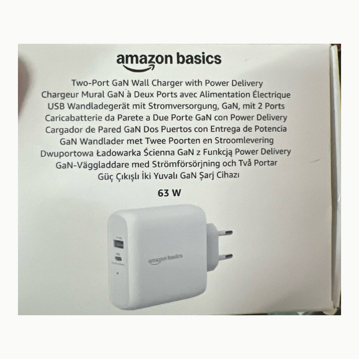 Amazon Basics Cargador de pared, 63 W, GaN, 1 puerto USB-C de 45 W y