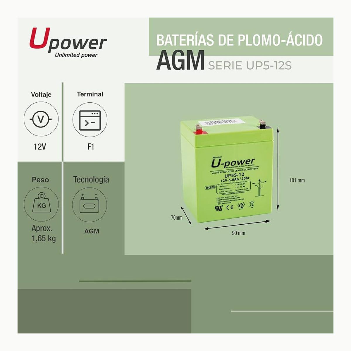 U-Power Batería AGM 12V 5Ah Sellada Recargable – Plomo-Ácido VRLA
