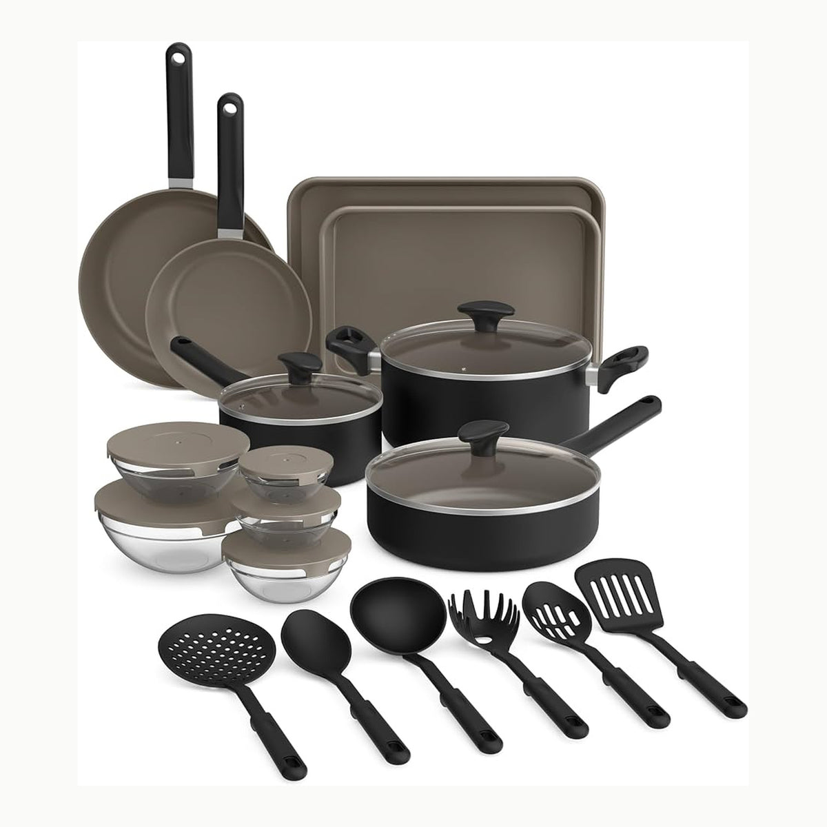 bella batería de cocina antiadherente con tapas de cristal, Bandejas