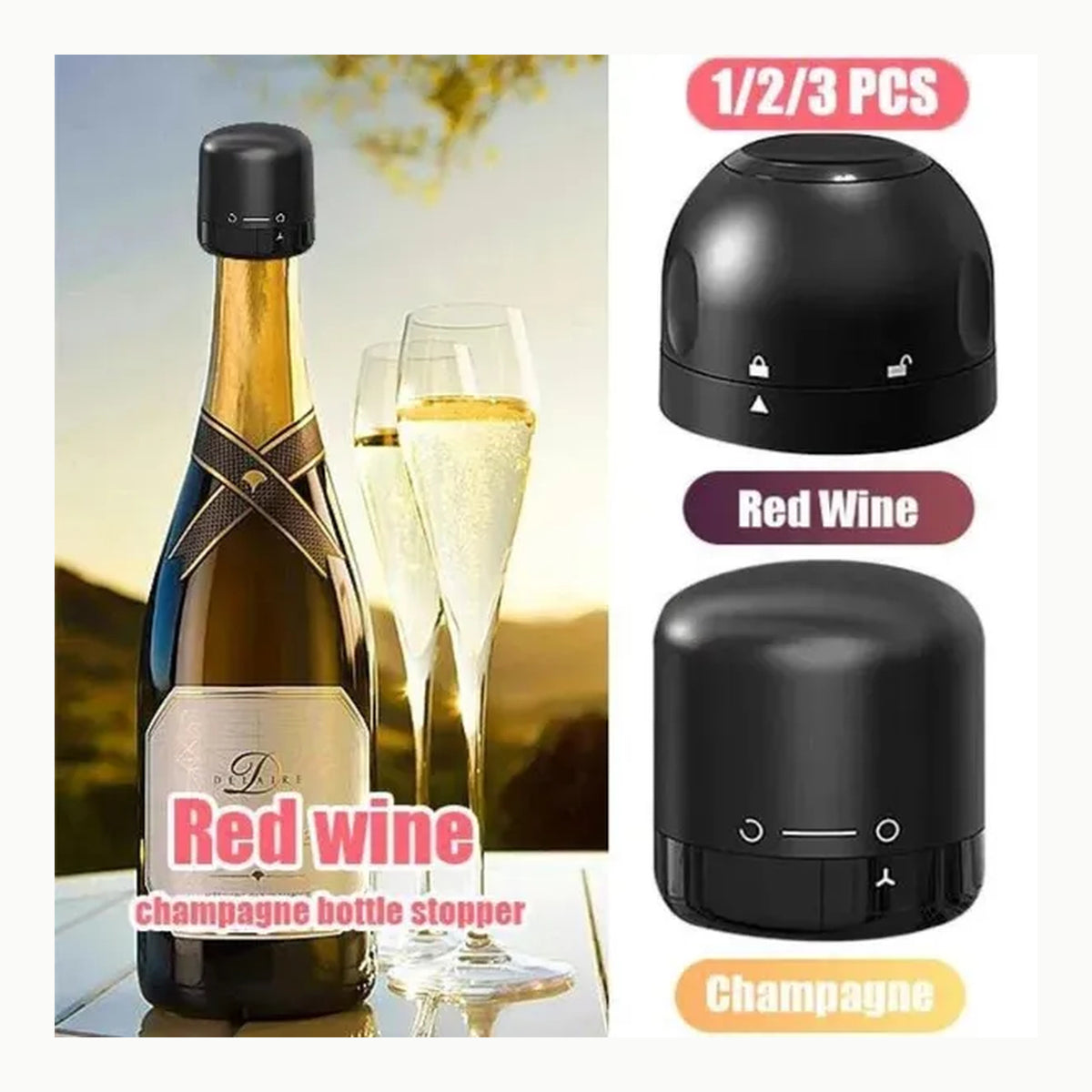 n8n Tapón de Vacío 3Pcs Tapón de Botellas de Vino Espumoso a Prueba de